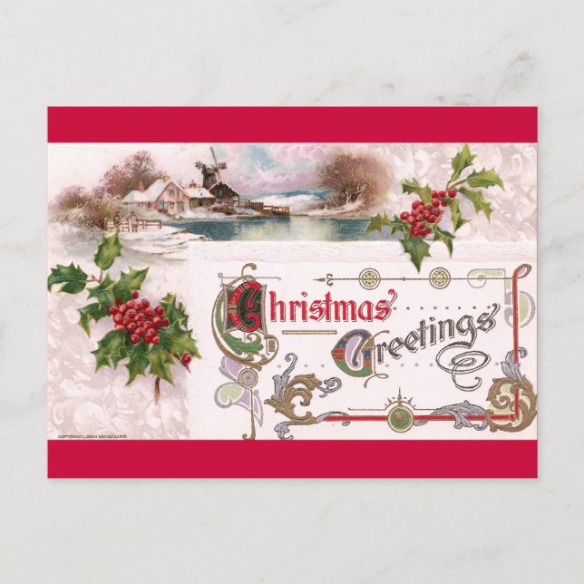 Postal Festiva Nochebuena de Art Nouveau con Holly (Anverso)