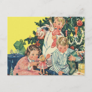 Postal Festiva Nochebuena vintage, niños abriendo regalos