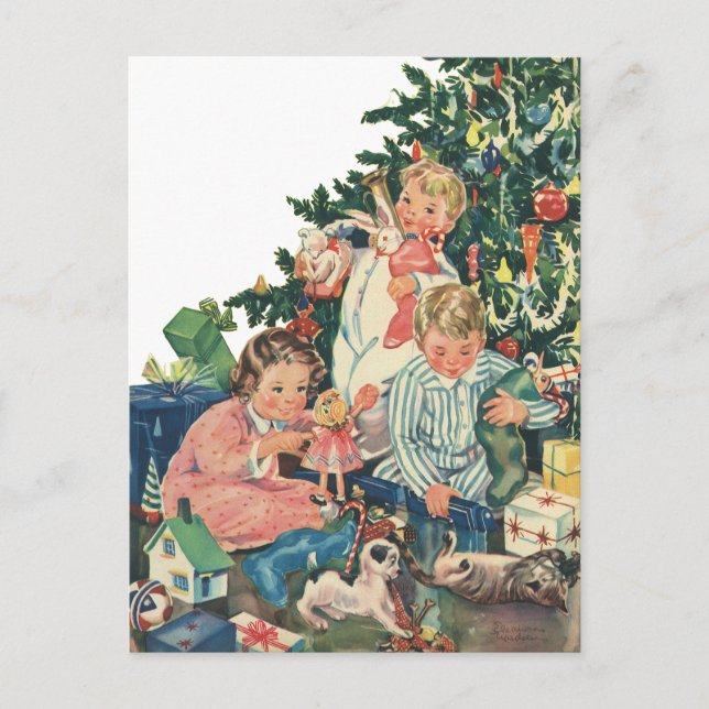 Postal Festiva Nochebuena vintage, niños abriendo regalos (Anverso)