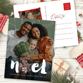 Postal Festiva Noel Brush Script Rustic Foliage Christmas Photo