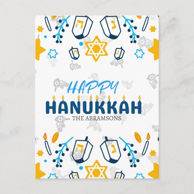 Postal Festiva Nombre de familia personalizado Happy Hanukkah (Anverso)