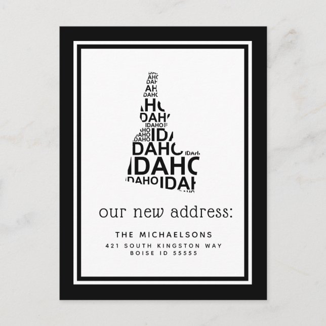 Postal Festiva Nos hemos mudado | Tipografía de Idaho (Anverso)