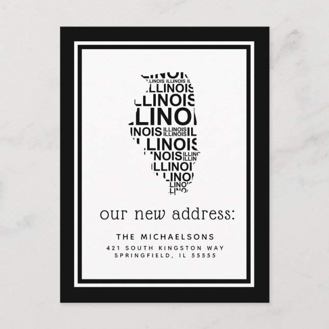 Postal Festiva Nos hemos mudado | Tipografía de Illinois (Anverso)