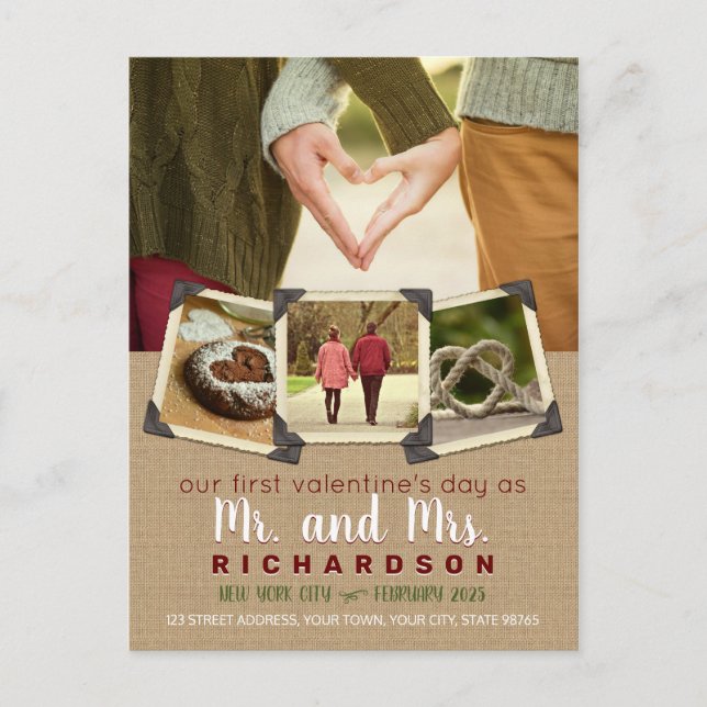 Postal Festiva Nuestro primer Día de San Valentín como Sr. y Sra. (Anverso)