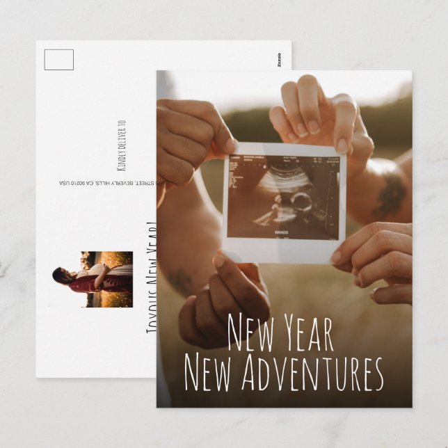 Postal Festiva Nuevo año Nuevas aventuras Fotos Embarazo (Anverso / Reverso)