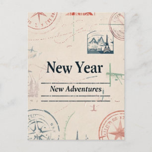 Postal Festiva Nuevo año, nuevas aventuras Saludo de viaje
