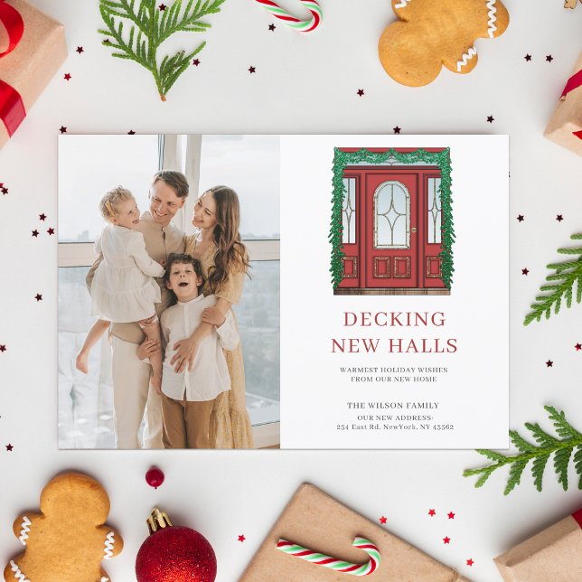 Postal Festiva Nuevo hogar Navidades rojos en la puerta en movimi (New Home Red Christmas Door Moving Photo Holiday PostCard)