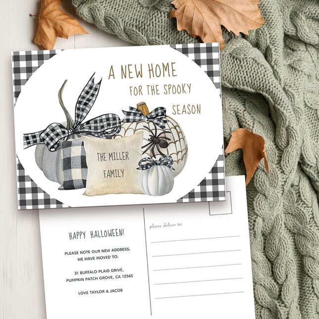 Postal Festiva Nuevo hogar para la espeluznante granja de tempora (New address and Happy Halloween Postcard with stylish farmhouse porch decor)