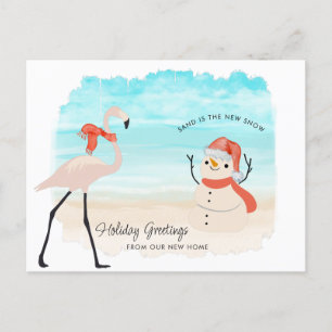 Postal Festiva Nuevo hogar Sandy Snowman Flamingo en la playa