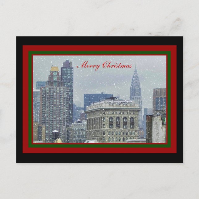 Postal Festiva NYC Skyline Chrysler Bldg, Navidades de nieve Flat (Anverso)