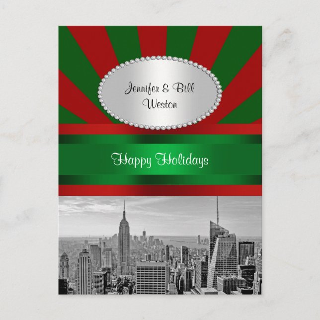 Postal Festiva NYC Skyline ESB Red Grn Rays Red P Navidades (Anverso)
