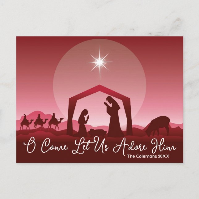 Postal Festiva O Come Let Us Adore Him Nativity Scene Christmas (Anverso)