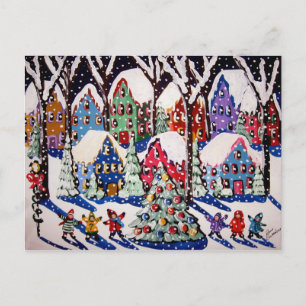 Postal Festiva O'Christmas Tree Carolers Winter Folk Art Postcard