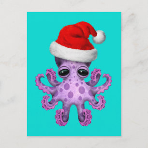 Postal Festiva Octopus púrpura de bebé con Santa Hat azul