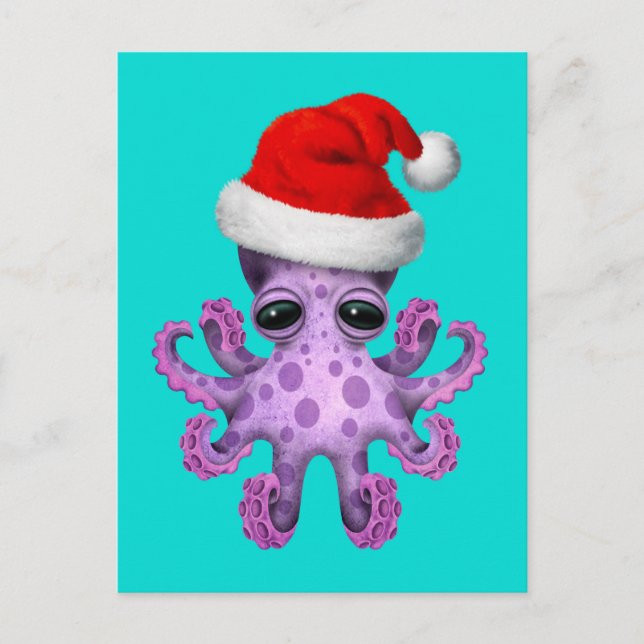Postal Festiva Octopus púrpura de bebé con Santa Hat azul (Anverso)