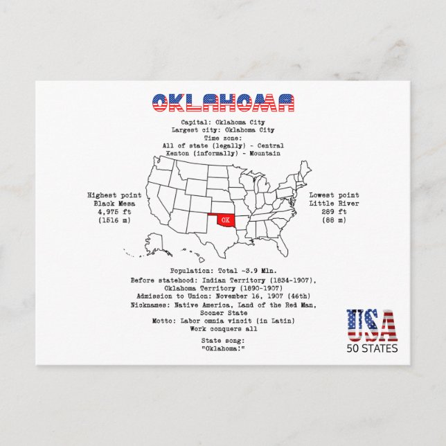 Postal Festiva Oklahoma. El estado de los Estados Unidos de (Anverso)