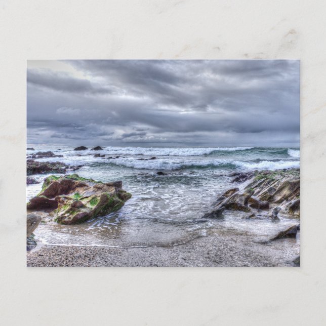 Postal Festiva Olas Rompiendo la playa de Cornish (Anverso)