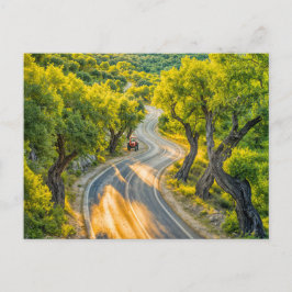 Postal Festiva Olivares con un viejo tractor en la carretera de l