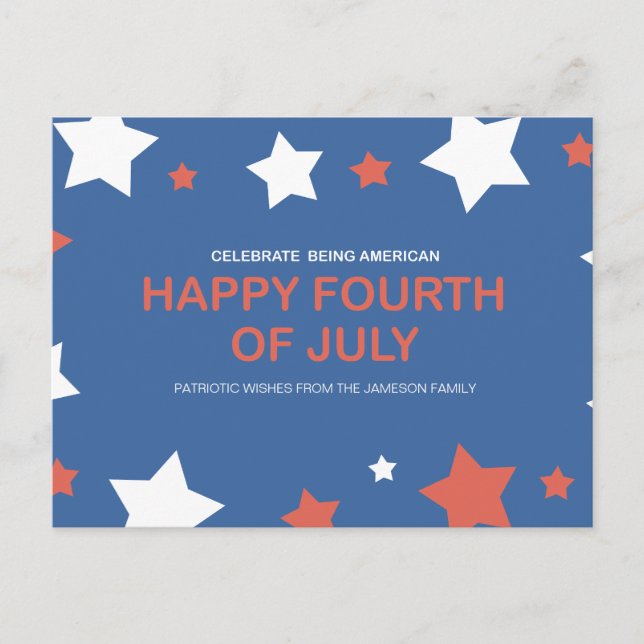 Postal Festiva Orgullosamente Americano, Feliz 4 de Julio Libre (Anverso)