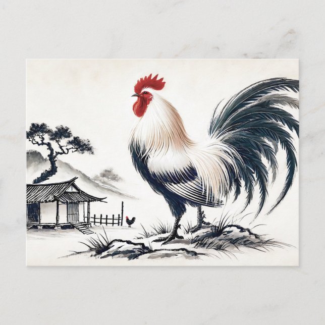 Postal Festiva Orgulloso Rooster de pie ante Barn (Anverso)