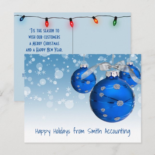 Postal Festiva Ornamento navideño azul de negocios (Anverso / Reverso)