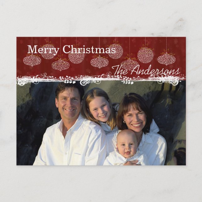 Postal Festiva Ornamentos blancos Navidades familiares Foto posta (Anverso)