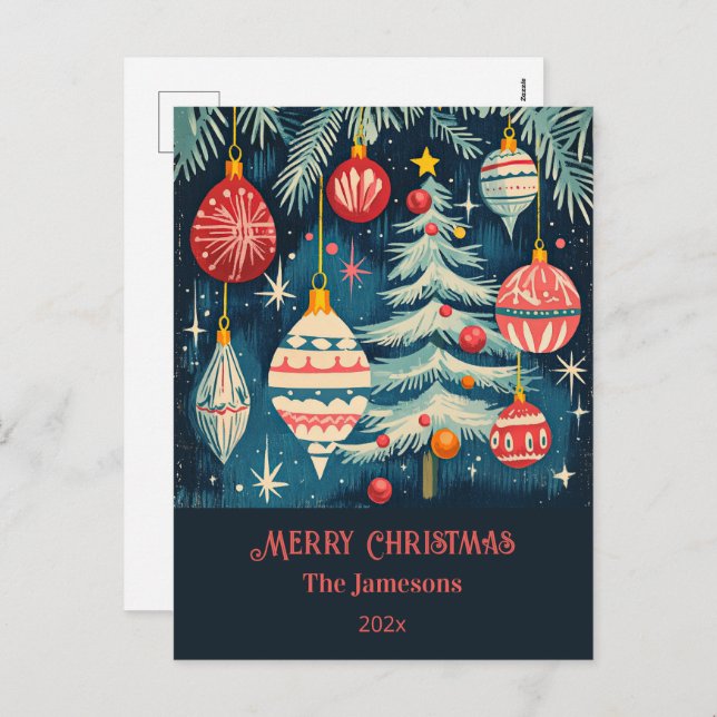 Postal Festiva Ornamentos de árboles navideños divertidos retro (Anverso / Reverso)