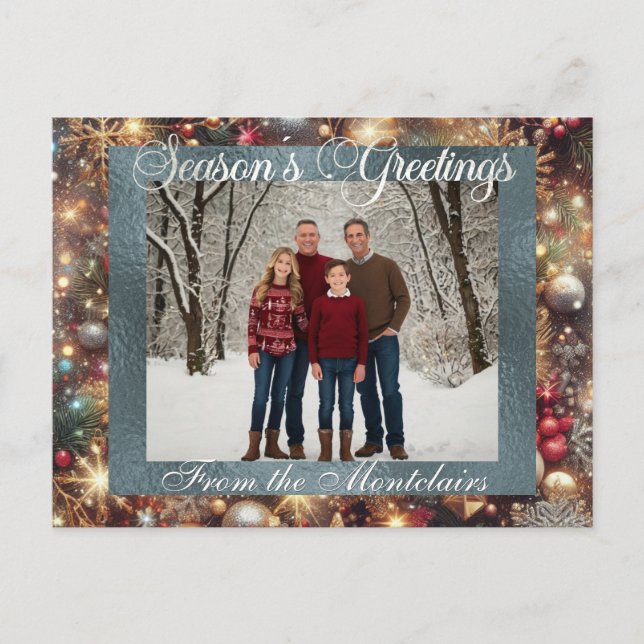 Postal Festiva Ornamentos, guión plateado y foto enmarcada - Plat (Anverso)