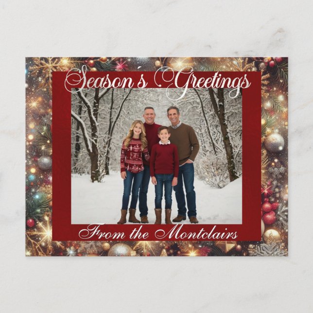 Postal Festiva Ornamentos, guión plateado y foto enmarcada - Rojo (Anverso)