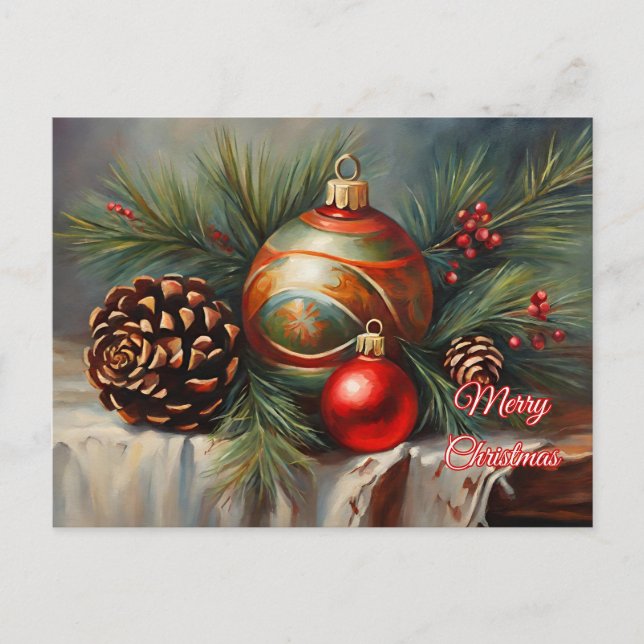 Postal Festiva Ornamentos navideños, bayas, piñas (Anverso)