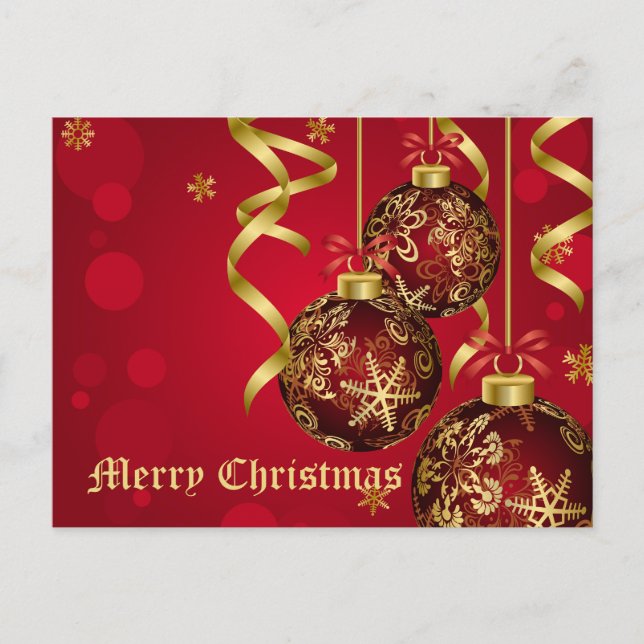 Postal Festiva Ornamentos navideños rojos y dorados de moda (Anverso)