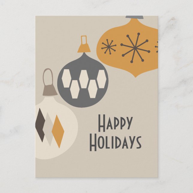 Postal Festiva Ornamentos retro de la era atómica Felices fiestas (Anverso)