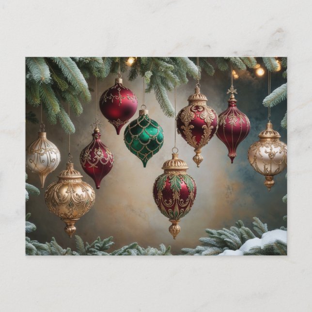 Postal Festiva Ornamentos vintage de Navidad, Evergreen (Anverso)