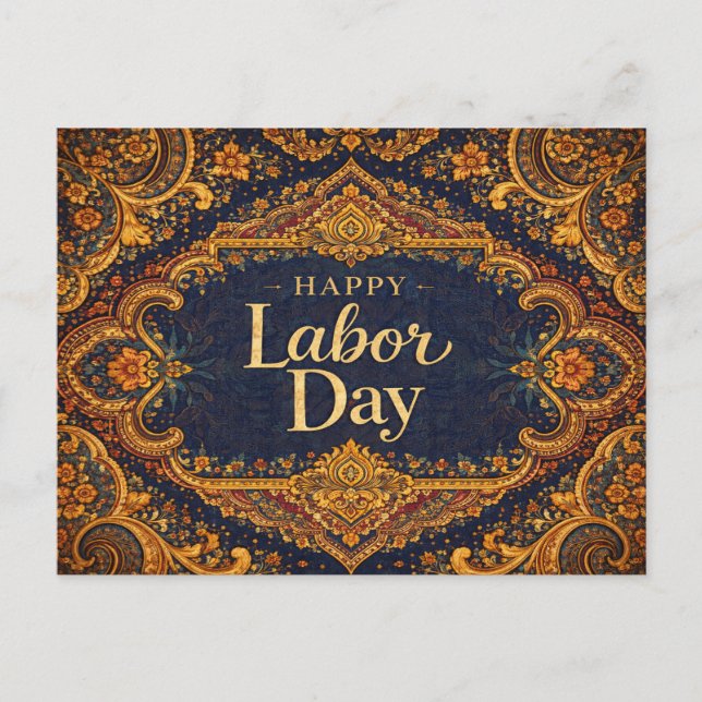 Postal Festiva Ornate Blue Gold Scrollwork Happy Labor Day (Anverso)