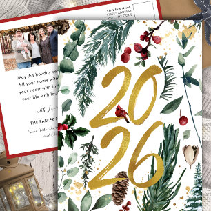 Postal Festiva Oro 2025 Navidades festivos Pine Bough Red Photo