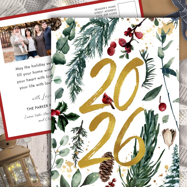 Postal Festiva Oro 2025 Navidades festivos Pine Bough Red Photo (Subido por el creador)