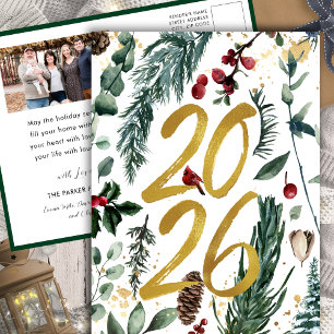 Postal Festiva Oro 2025 Navidades festivos Pine Bough Red Photo