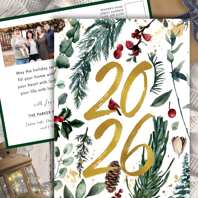 Postal Festiva Oro 2025 Navidades festivos Pine Bough Red Photo (Subido por el creador)