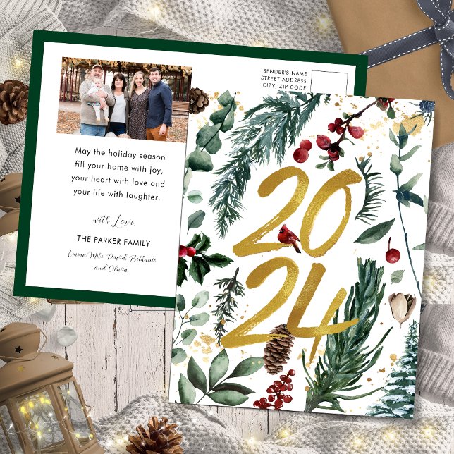 Postal Festiva Oro 2025 Navidades festivos Pine Bough Red Photo (Subido por el creador)