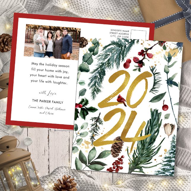 Postal Festiva Oro 2025 Navidades festivos Pine Bough Red Photo (Subido por el creador)