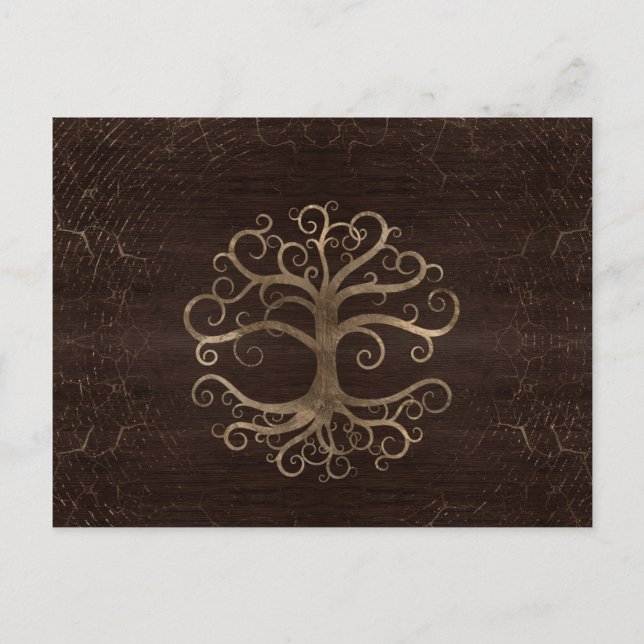 Postal Festiva Oro árbol de la vida sobre textura de madera (Anverso)