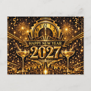 Postal Festiva Oro atrevido Art Deco Ciudad Año Nuevo 2027