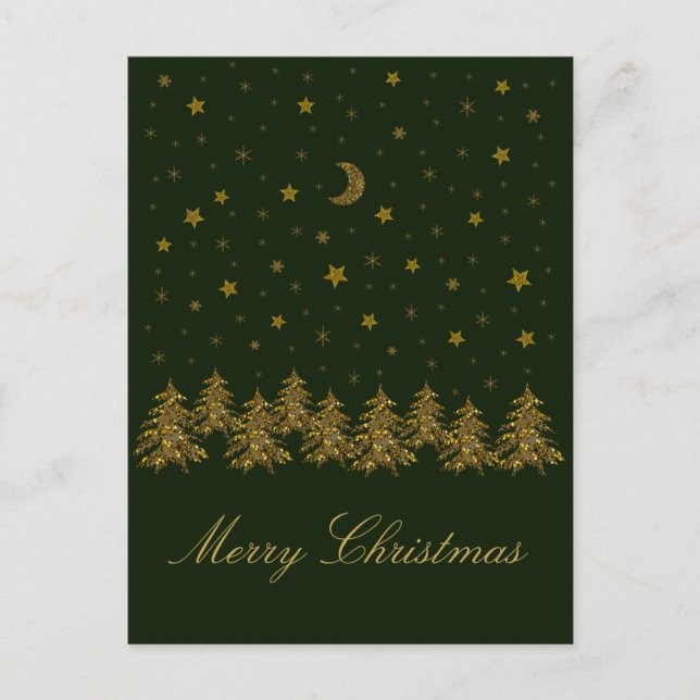Postal Festiva Oro espumoso árbol de Navidad, luna, estrellas en  (Anverso)