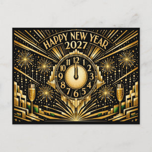 Postal Festiva Oro Glamuroso Art Déco Nochevieja