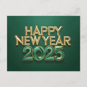 Postal Festiva Oro verde metálico Feliz Año Nuevo 2025