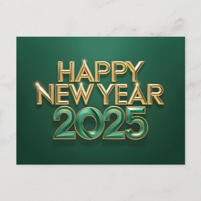 Postal Festiva Oro verde metálico Feliz Año Nuevo 2025 (Anverso)