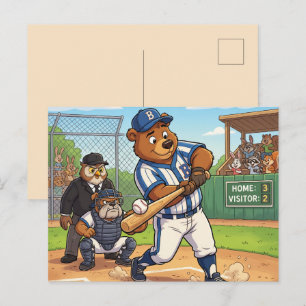 Postal Festiva Oso de dibujos animados jugando béisbol