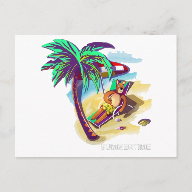 Postal Festiva Oso de verano relajante en la playa tropical (Anverso)