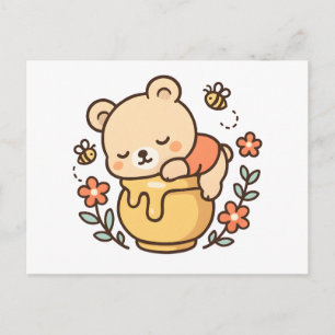 Postal Festiva Oso Durmiendo Lindo Tarro de Miel Diseño Kawaii