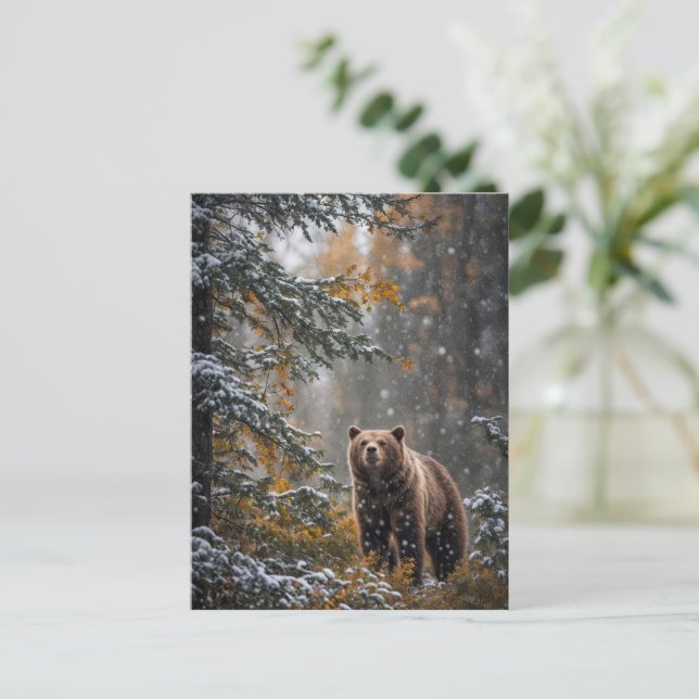 Postal Festiva Oso en Navidades de Nieve Temporada de Saludos (Anverso de pie)
